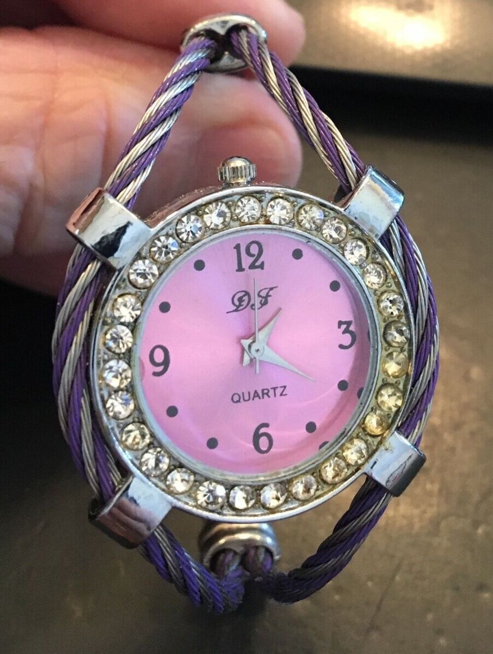 Woman's D & F Watch, Silver Tone with Rhinestones, Pink Face